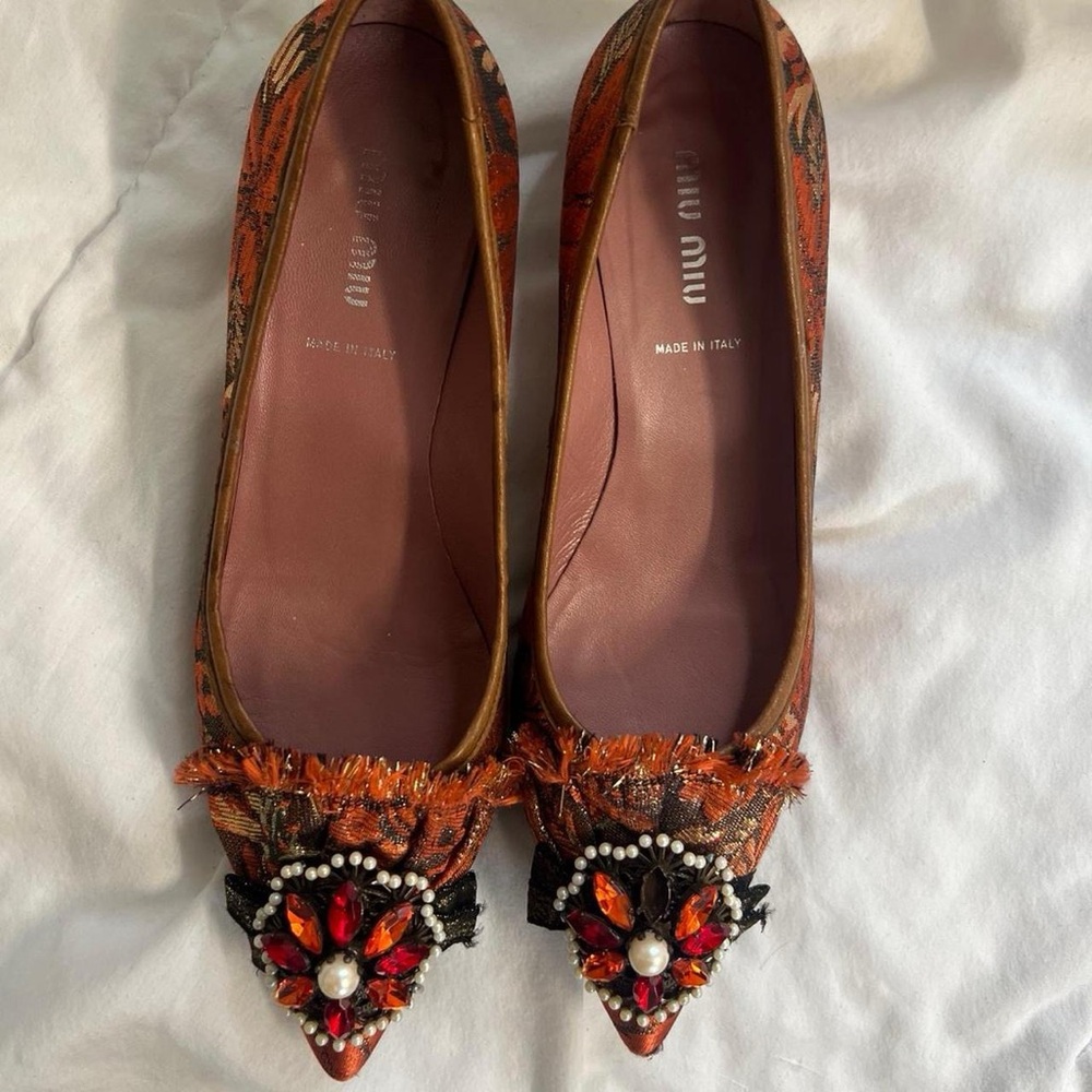 Miu Miu Orange Embellished Flats
